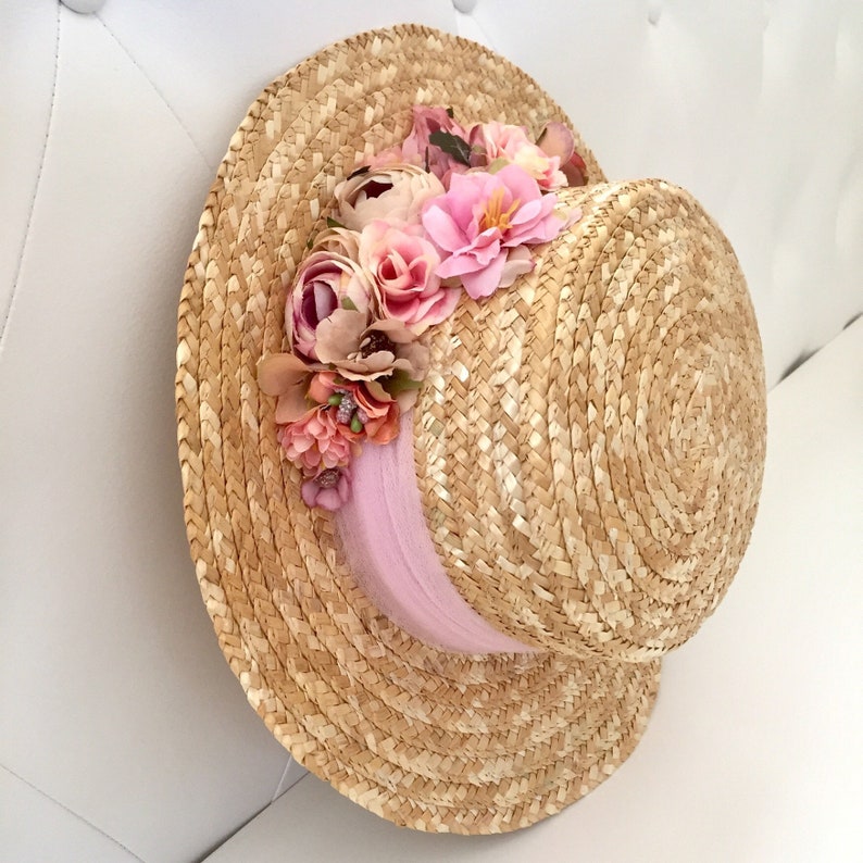 Canotier wide brim pink and beige Chapeau canotier à large bord rose et beige Straw boater hat with pink band image 1