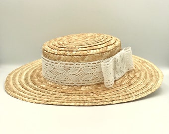 Canotier "plato" large bord crochet - Canotier "plat" aile grand crochet - Chapeau de Paille au crochet à larges bords et couronne plate