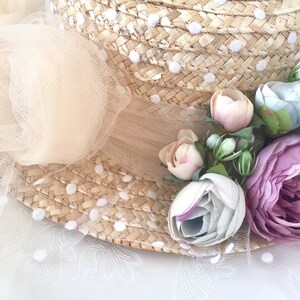 Canotier plumeti lazo y flores Straw boater hat tulle and flowers Canotier tule at fleurs zdjęcie 6