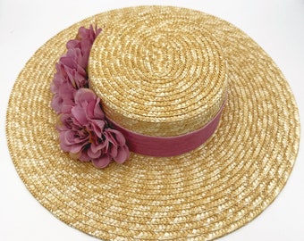 Canotier "plato" wide brim mauve - Canotier "plat" aile large mauve - Wide-Brimmed and flat crown Straw Hat