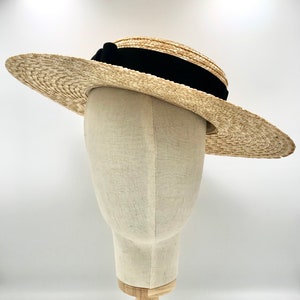 Canotier wide brim black velvet bow - Canotier "plat" aile large noeud velours noir - Wide-Brimmed and flat crown Straw Hat black bow