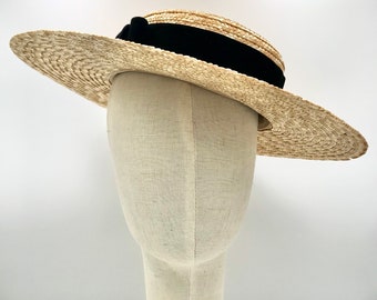 Canotier wide brim black velvet bow - Canotier "plat" aile large noeud velours noir - Wide-Brimmed and flat crown Straw Hat black bow