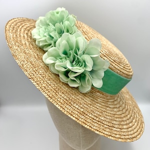 Canotier plat wide brim olive green Canotier plat aile large vert olive Wide-Brimmed and flat crown Straw Hat Mint