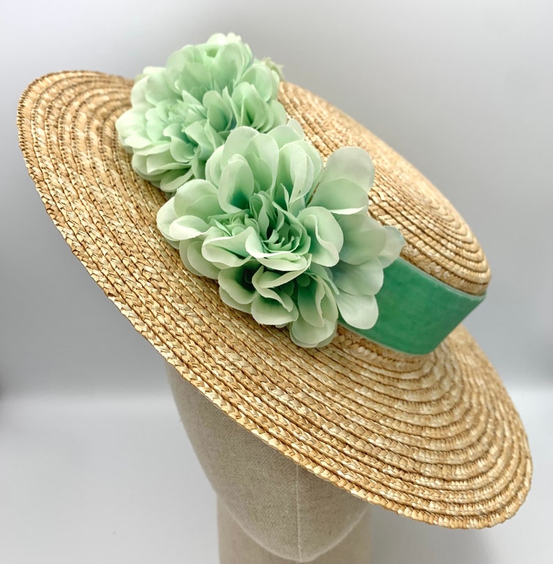 Canotier plat wide brim olive green Canotier plat aile large vert olive Wide-Brimmed and flat crown Straw Hat Mint