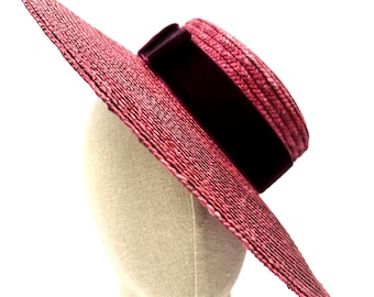 Canotier burgundy wide brim - Canotier bordeaux à long bord - Wide-Brimmed and flat crown burgundy Straw Hat