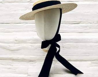 Canotier wide brim with black bow - Canotier aile large noeud velours noir - Wide-Brimmed Straw Hat black bow