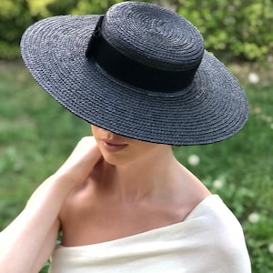 Canotier wide brim black Canotier plat noir à long bord Wide-Brimmed and flat crown Black Straw Hat image 3