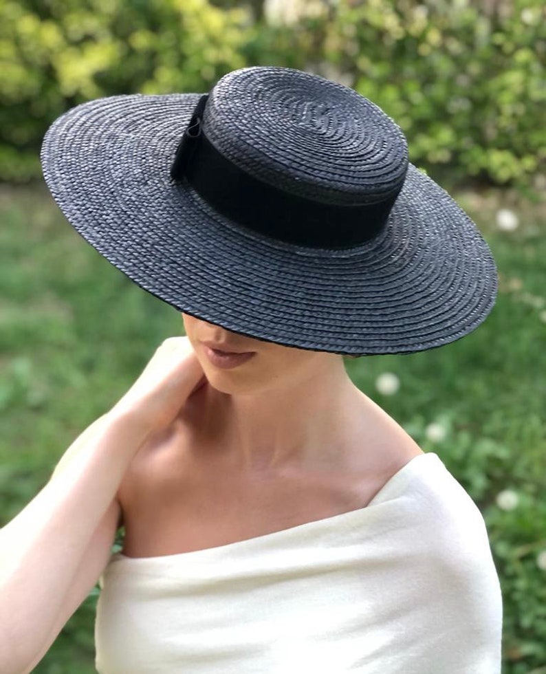 Canotier wide brim black Canotier plat noir à long bord Wide-Brimmed and flat crown Black Straw Hat image 3