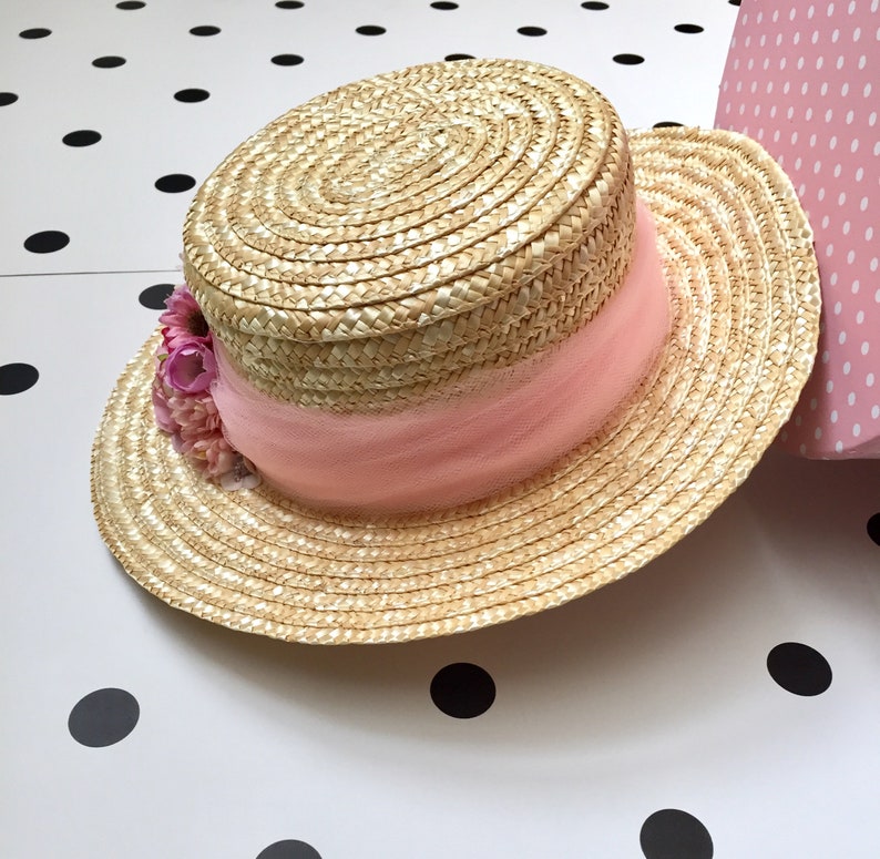 Pink flowers straw hat Canotier aile large rose et fuchsia Canotier broad wing pink and fuchsia