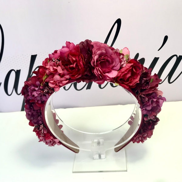 HEADBAND HEADBAND FLOWERS burgundy - Serre-tête fleurs bordeaux - Burgundy width headband flower crown