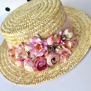 Canotier wide brim pink and beige Chapeau canotier à large bord rose et beige Straw boater hat with pink band image 4