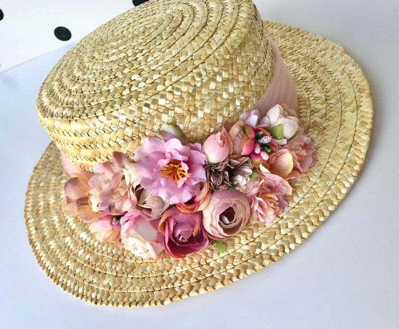 Canotier wide brim pink and beige Chapeau canotier à large bord rose et beige Straw boater hat with pink band image 4