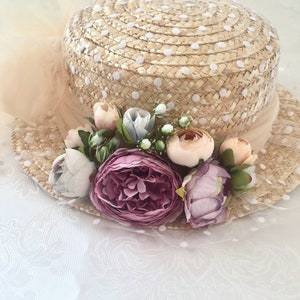 Canotier plumeti lazo y flores Straw boater hat tulle and flowers Canotier tule at fleurs zdjęcie 5