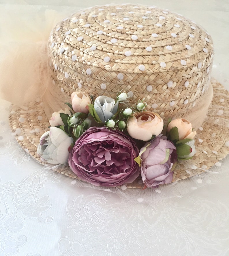 Canotier plumeti lazo y flores Straw boater hat tulle and flowers Canotier tule at fleurs zdjęcie 5