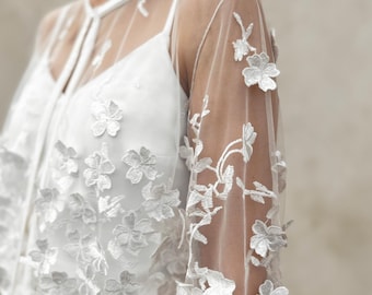 Wedding jacket with unique 3d lace, wedding dress cover up, bridal bolero, wedding dress topper, long sleeve lace top - Leilani Jacket