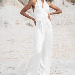Bridal jumpsuit made of satin with halter neckline, Wedding Jumpsuit perfect for wedding reception - Cleome Jumpsuit