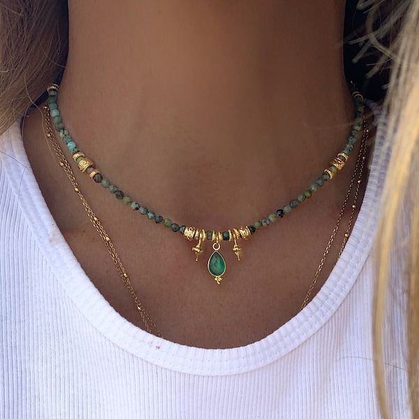 OLYMPUS / Halskette aus afrikanischem Türkis und grünem Onyx - Geschenk - Schmuck - Surf - heishi - feine Steine - Lithotherapie - Weihnachten