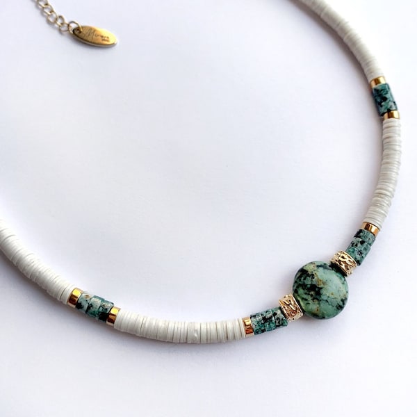 Collier ALENA vinyle africain et turquoise africaine - cadeau - bijoux - surf - heishi - pierres fines - lithotherapie