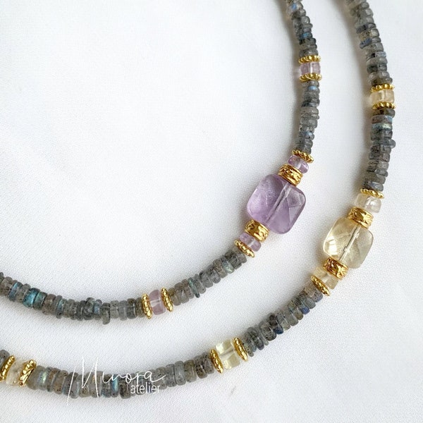 SAMALI / Collier ras du cou en labradorite, citrine et améthyste - cadeau - bijoux - heishi  - lithotherapie - noël - saint Valentin