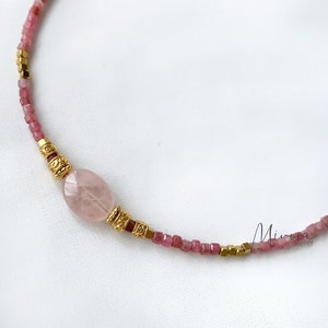KEYA / Necklace flush with the neck in tourmaline and rose quartz - gift - jewelry - surfing - heishi - fine stones - lithotherapy - Christmas