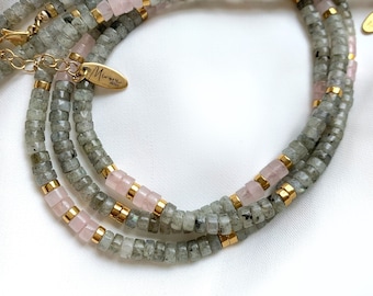 HYGIE / Labradorite and Rose Quartz choker necklace - Boho chic - Women - Gift - Lithotherapy - Surfer