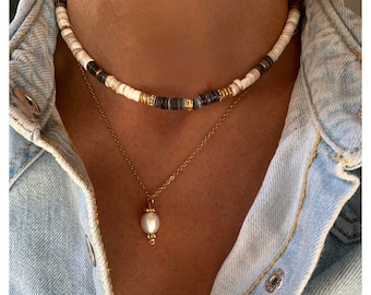 EOS / Collier ras du cou bohème en perles Heishi naturelles beige et gris - Bohème chic - Femme - Cadeau - Lithothérapie - Surfeur