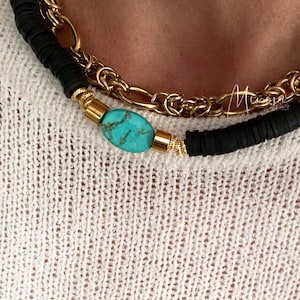 Turquoise stone heishi choker necklace - Surfer - Boho chic - Women