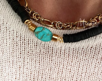 Turquoise stone heishi choker necklace - Surfer - Boho chic - Women