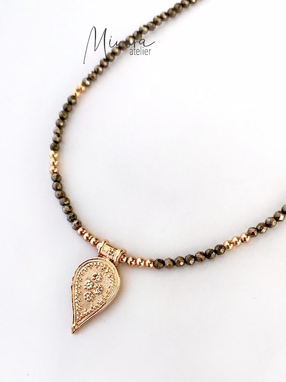 Collier 3 Perles De Pyrite D'Espagne 8 Mm - Chaine En Acier Inoxydable, Bijou Naturel | Neuf Avec étiquettes