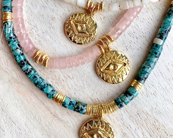 IZIA / Choker necklace in natural stones and eye medal - Boho chic - Women - Gift - lithotherapy