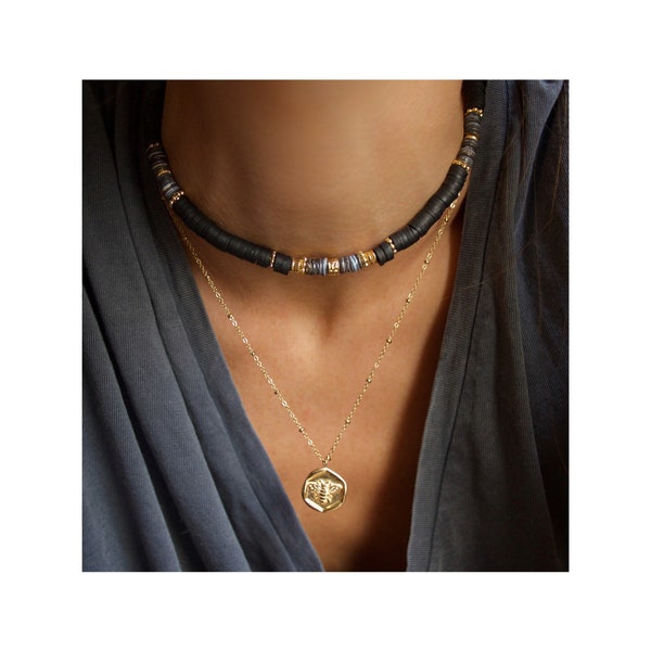 RHEA / Collana a filo con collo heishi dorato con fine oro beige o nero - Boho chic - Donna - Regalo - Litoterapia - Surfer