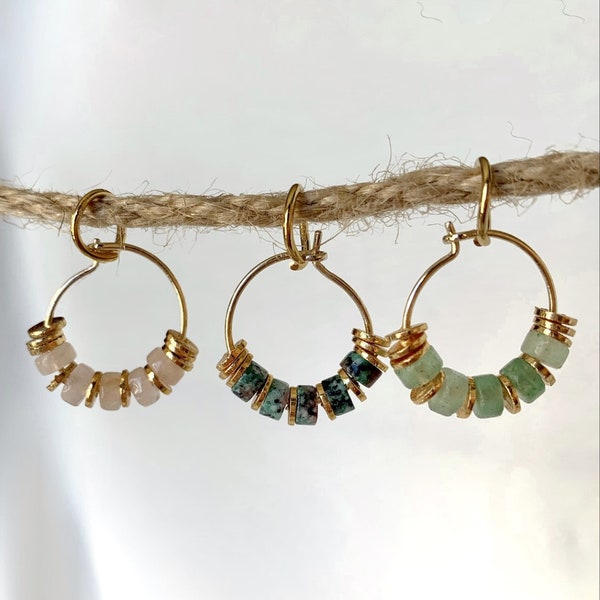 CALLIA / Mini créoles quart rose, aventurine ou turquoise  africaine - Boucles d'oreilles - Cadeau - Femme - Bohème - bijoux