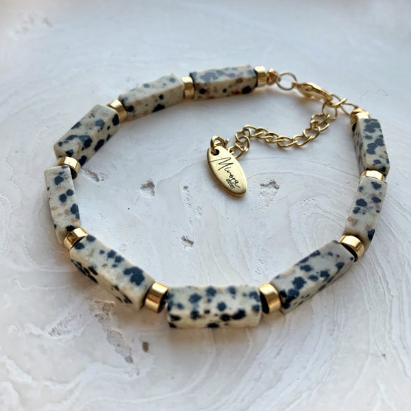 Bracelet LEO en Jaspe dalmatien- Bohème chic - Femme - Cadeau - Lithothérapie - pierres