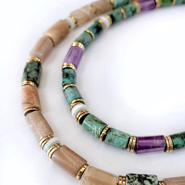 Collier SIENNA  Sunstone et turquoise africaine - Bohème chic - cadeau - bijoux - surf - heishi - pierres fines - lithotherapie