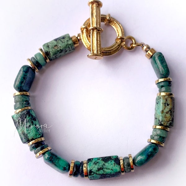 ELYN Bracelet en turquoise africaine, chrysocolle et émeraude - Bohème - Femme - Cadeau - Lithothérapie - pierres semi précieuses - Noël