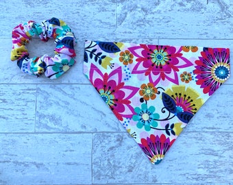 Pink Floral Dog Bandana- Over the Collar, Matching Dog Bandana with Owner Scrunchie