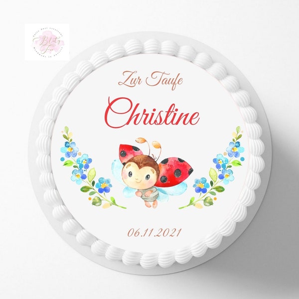 Torta topper coccinella | per il battesimo delle ragazze | personalizzato con nome e data desiderati |  diverse dimensioni | Coccinella | Croce battesimale