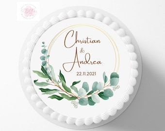 Tortenaufleger Eucalyptus |  | Personalisiert mit Wunschname und Datum oder Zahl |  Hochzeitstorte | Eucalyptus Fondant