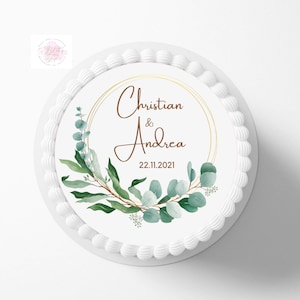 Tortenaufleger Eucalyptus |  | Personalisiert mit Wunschname und Datum oder Zahl |  Hochzeitstorte | Eucalyptus Fondant