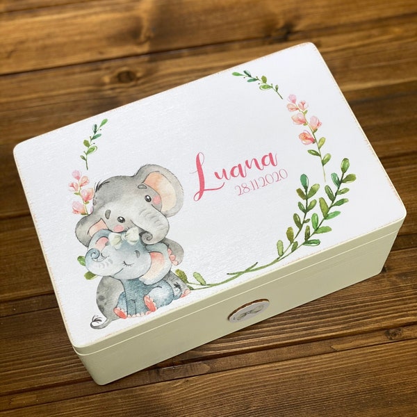 Erinnerungsbox | Memory Box | Erinnerungskiste | Baby Box | Holzkiste | Schatztruhe | Taufe | Gift Box  | Elephanten | Elephant