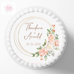 Tortenaufleger Blütenblätter , Gold,  Personalisiert mit Wunschname und Datum oder Zahl ,  Hochzeitstorte , Blütenblätter Fondant