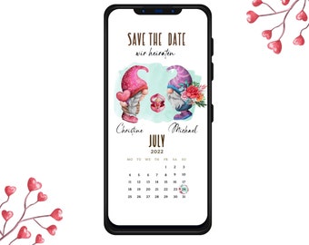 Digitale Save the date Karte zum versenden WhatsApp Gnome Wir heiraten Karte  Terminankündigungen Hochzeitseinladung personalisiert Kalender