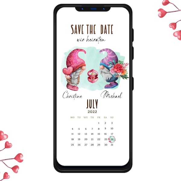 Digitale Save the date Karte zum versenden WhatsApp Gnome Wir heiraten Karte  Terminankündigungen Hochzeitseinladung personalisiert Kalender