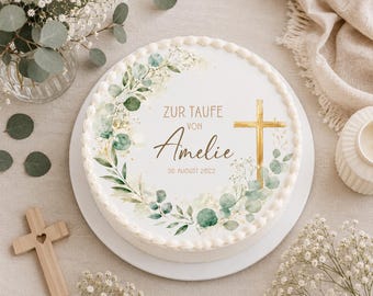 Edible Baptism Cake Topper | Gold Cross Eucalyptus Watercolor Design (Personalized)