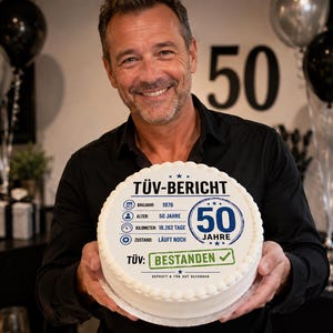 May include: A round white cake featuring a printed graphic that mimics a vehicle inspection report. The text reads T&Uuml;V-BERICHT, BAUJAHR 1976, ALTER 50 JAHRE, KILOMETER 18.262 TAGE, ZUSTAND L&Auml;UFT NOCH, 50 JAHRE, and T&Uuml;V BESTANDEN with a green check mark.