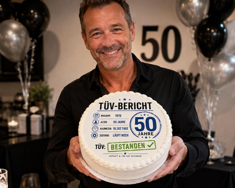 May include: A round white cake featuring a printed graphic that mimics a vehicle inspection report. The text reads T&Uuml;V-BERICHT, BAUJAHR 1976, ALTER 50 JAHRE, KILOMETER 18.262 TAGE, ZUSTAND L&Auml;UFT NOCH, 50 JAHRE, and T&Uuml;V BESTANDEN with a green check mark.