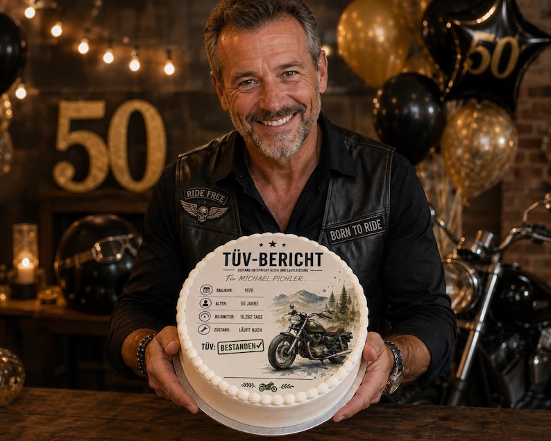 Puede incluir: Un pastel redondo blanco con un gr&aacute;fico impreso de una motocicleta y el texto en alem&aacute;n T&Uuml;V-BERICHT, junto con iconos de a&ntilde;o, edad y kilometraje. El pastel tiene un borde de glaseado blanco festoneado y es sostenido por una persona con chaleco.