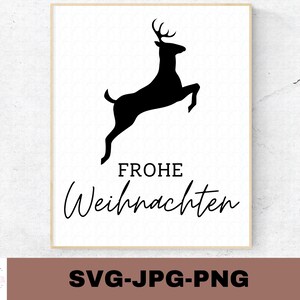 May include: A black silhouette of a deer with antlers, jumping in the air. The text "Frohe Weihnachten" is written below the deer in black.