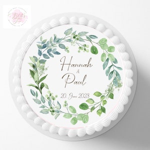 Tortenaufleger Blütenblätter , Eucalyptus ,  Personalisiert mit Wunschname und Datum oder Zahl ,  Hochzeitstorte , Blütenblätter Fondant