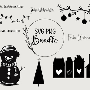 May include: Black and white Christmas SVG and PNG bundle with images of a snowman, a Christmas tree, a string of lights, a wreath, a house, and a branch with ornaments. The text "Frohe Weihnachten" appears multiple times in the image.